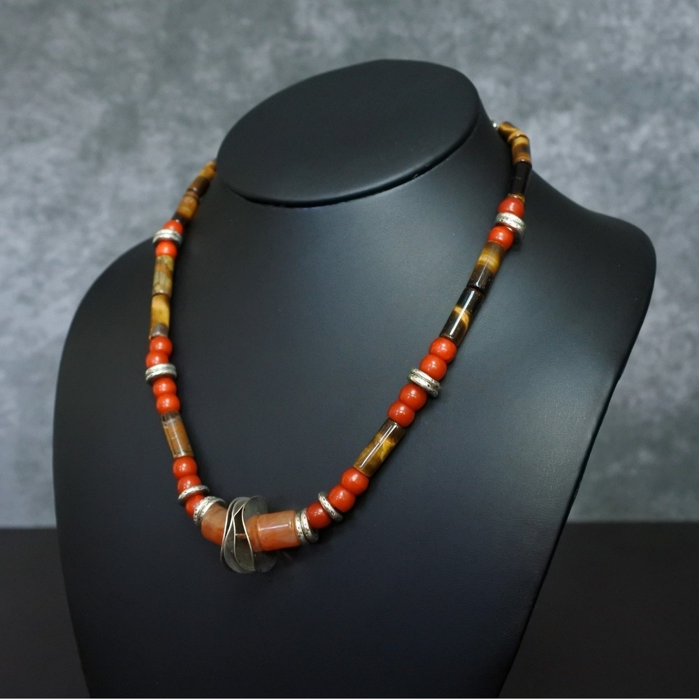 NWT Free People Tiger Eye Red Silver Tone Tribal Style Beaded Necklace